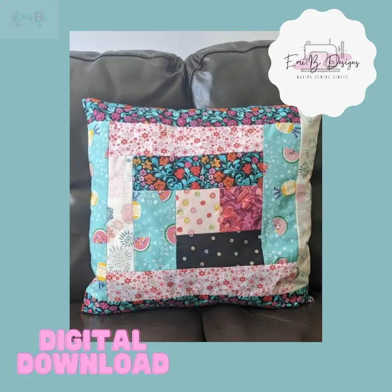 Log Cabin Cushion Sewing Pattern- PDF/Download- Zipped Back cushion Sewing Pattern- Patchwork Sewing Pattern EmibDesign