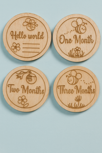 Wooden Baby Milestone Discs Set of 13 – 12cm Newborn to 1 Year Engraved Keepsake