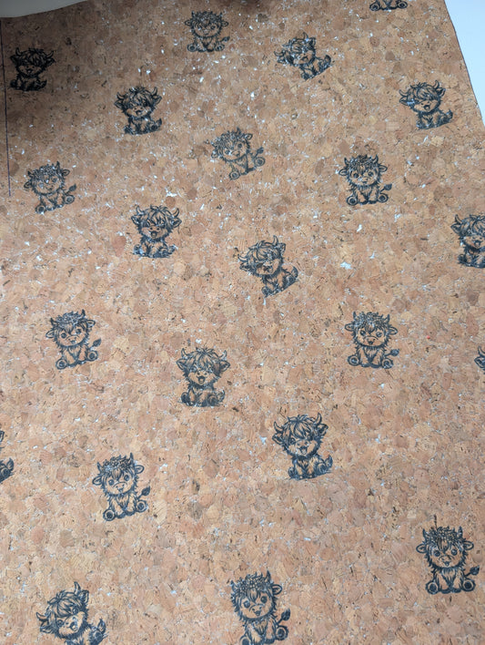 Printed Highland cow cork fabric- 1/2 Metre Pieces
