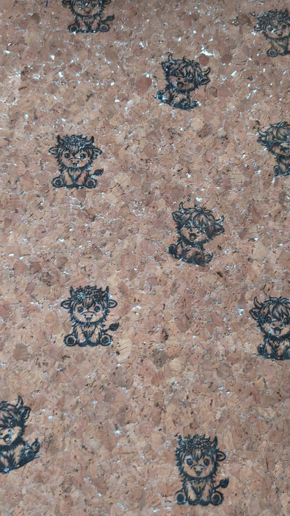 Printed Highland cow cork fabric- 1/2 Metre Pieces