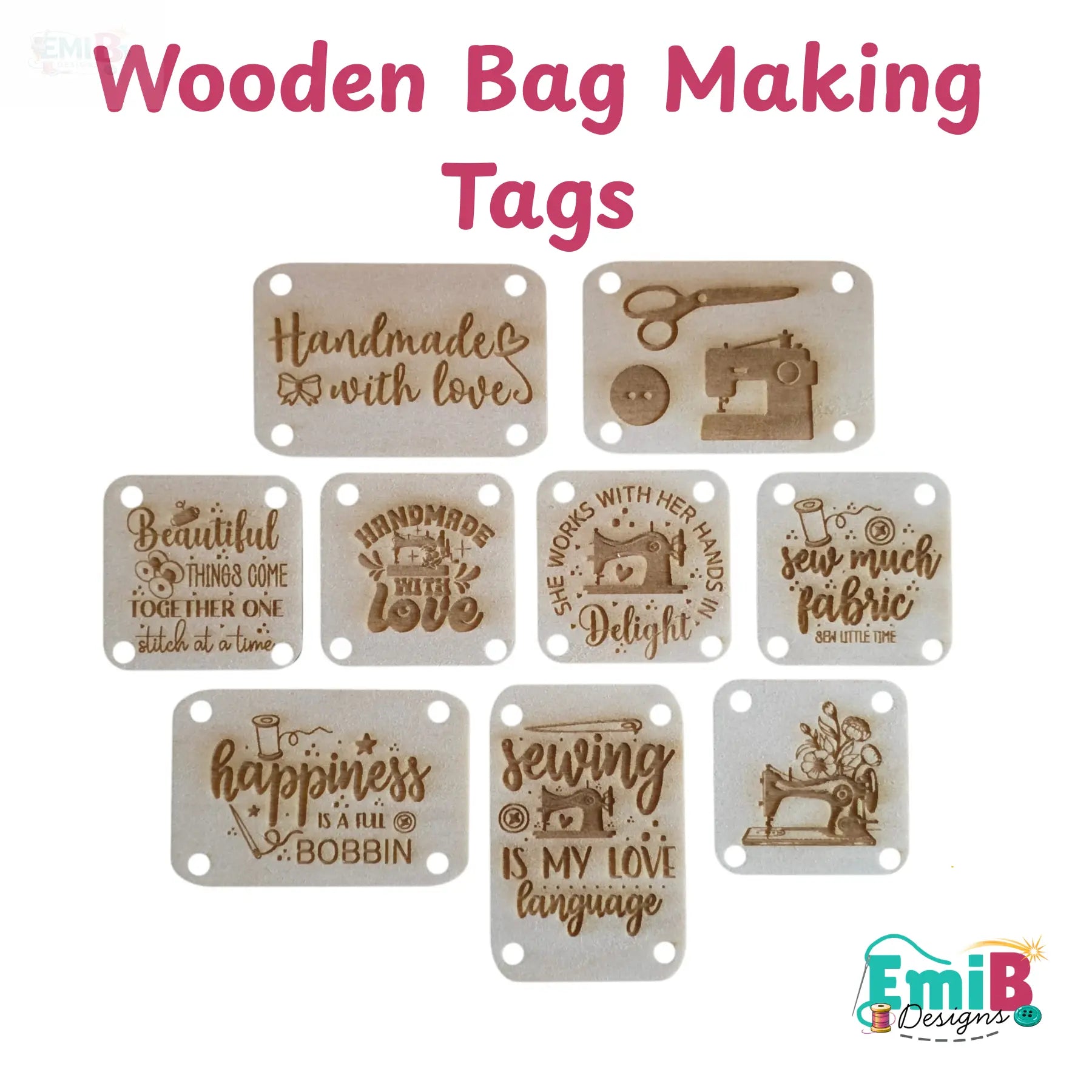 Wooden Bag Making Tags – Sew-On Labels- pack of 9 Emi B Designs